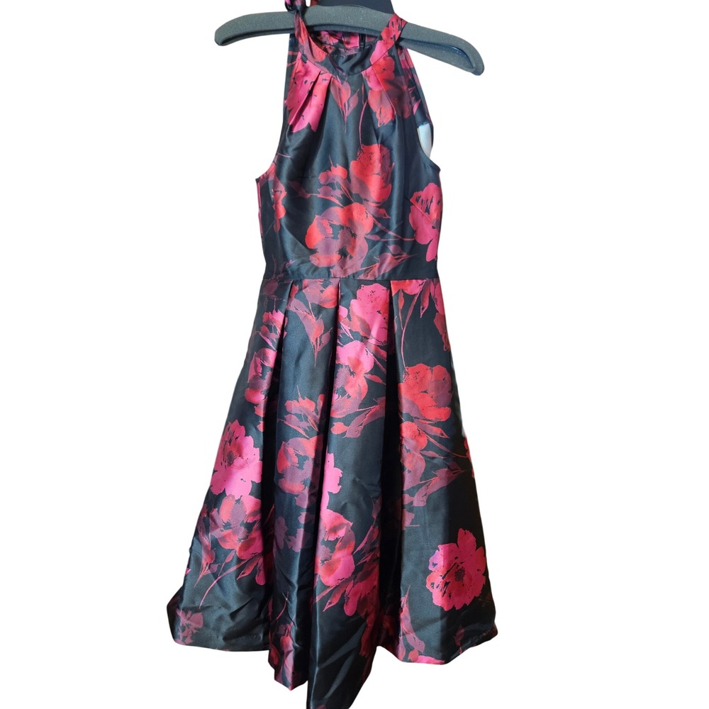 Maison Tara Floral Halter Midi Dress Black Pink Satin Pleated Cocktail Size 4
